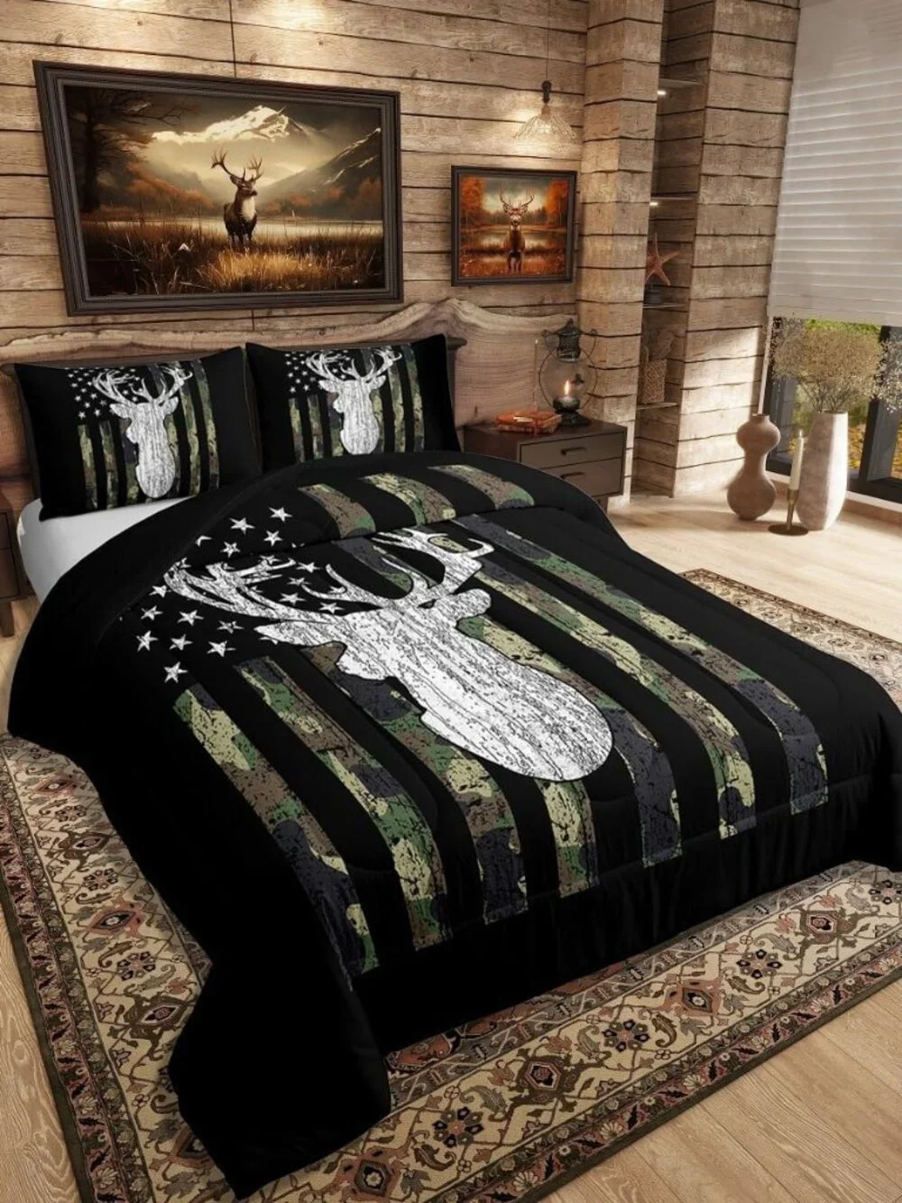 American Flag Comforter Set,Deer Hunting Down Comforter King,Army Green Military